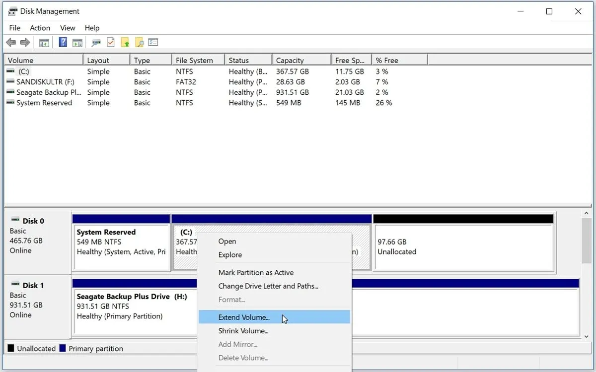 Giao diện Disk Management trên Windows, công cụ quản lý phân vùng ổ đĩa