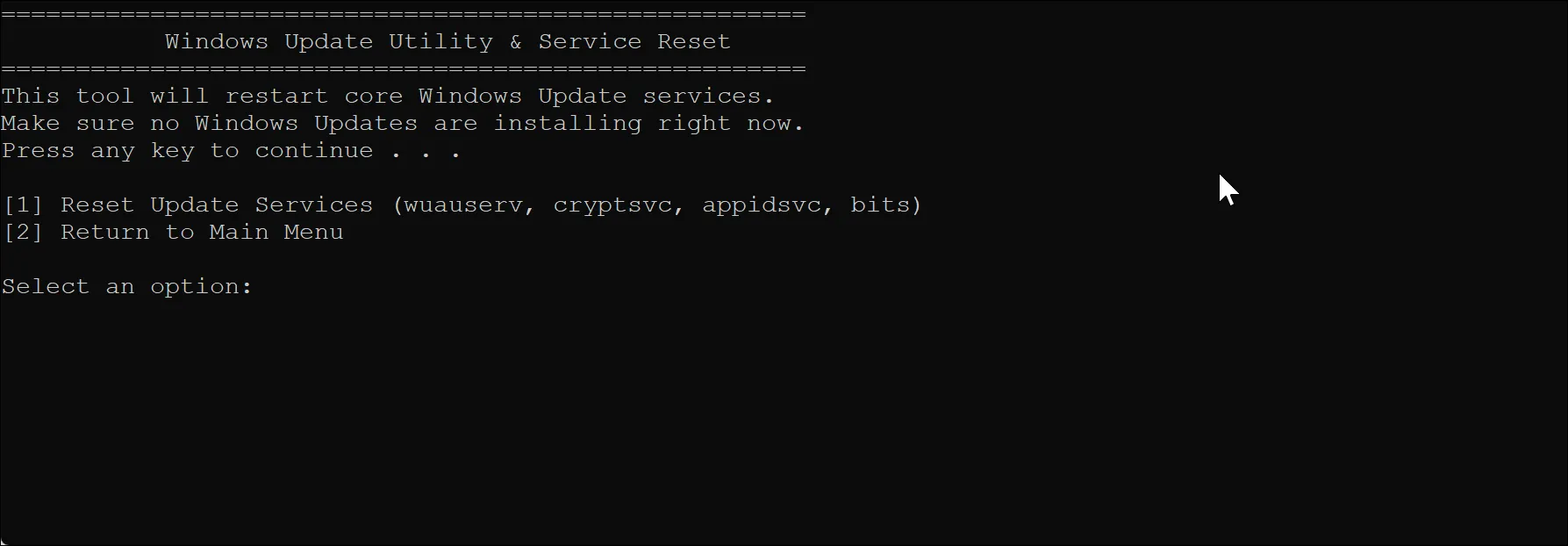 Giao diện dòng lệnh hiển thị quá trình chạy tiện ích Windows Update Utility &amp; Service Reset của Windows Maintenance Tool.
