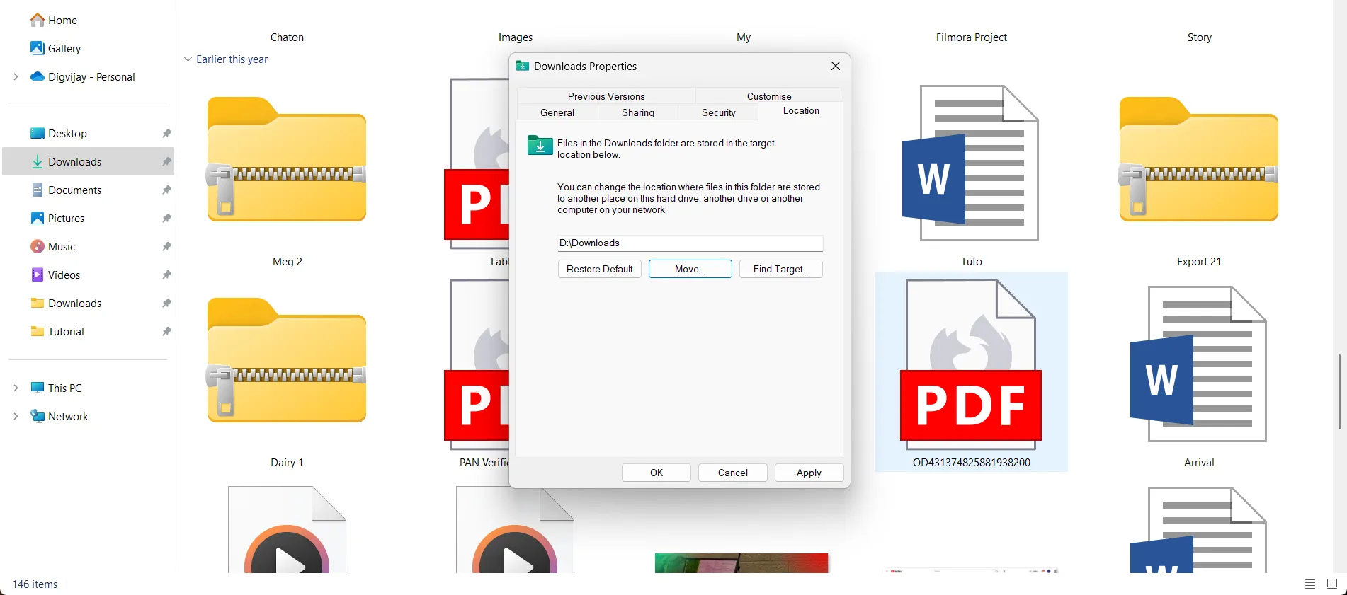Giao diện File Explorer Windows 11 minh họa cách thay đổi vị trí thư mục Downloads mặc định.