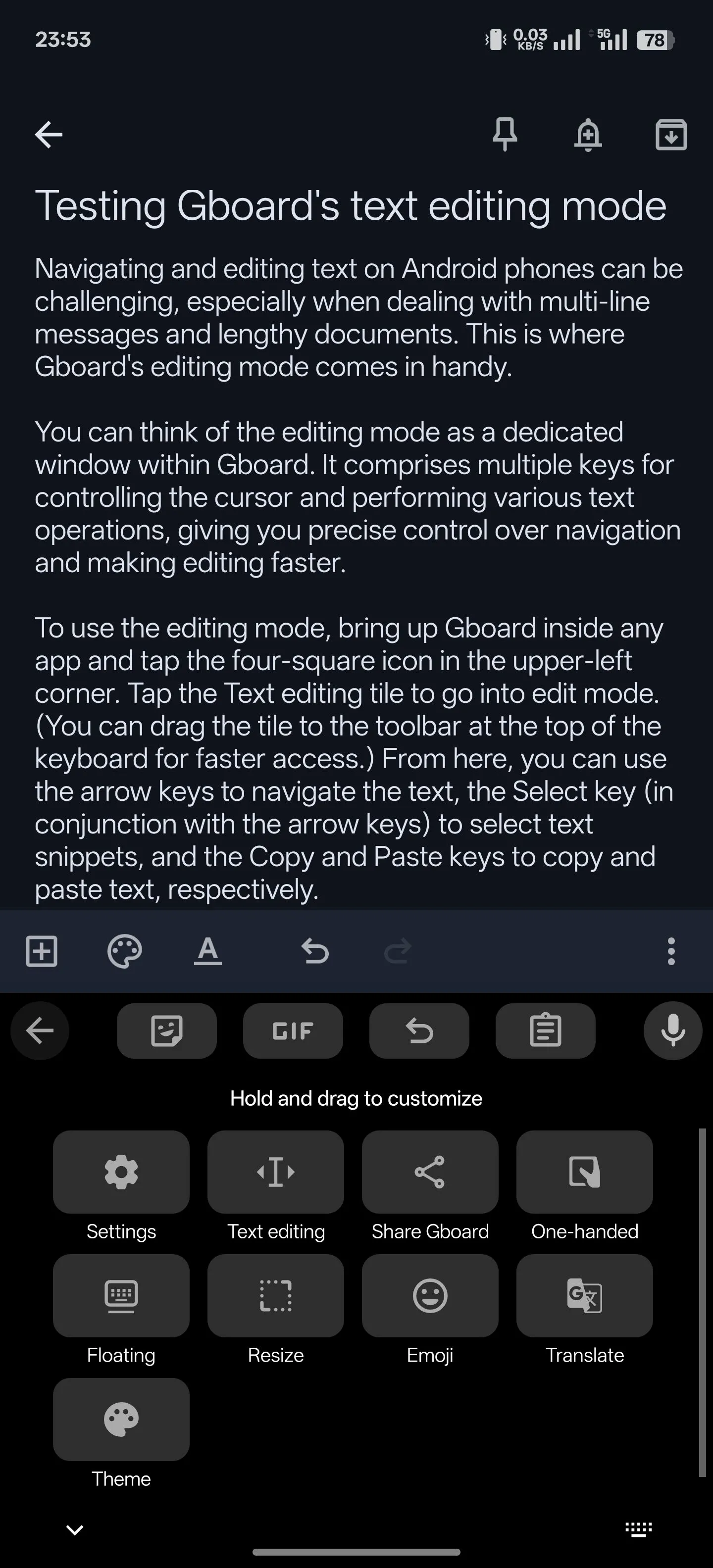 Giao diện Gboard hiển thị tùy chọn 'Chỉnh sửa văn bản' giúp điều hướng con trỏ và thao tác văn bản nhanh chóng.
