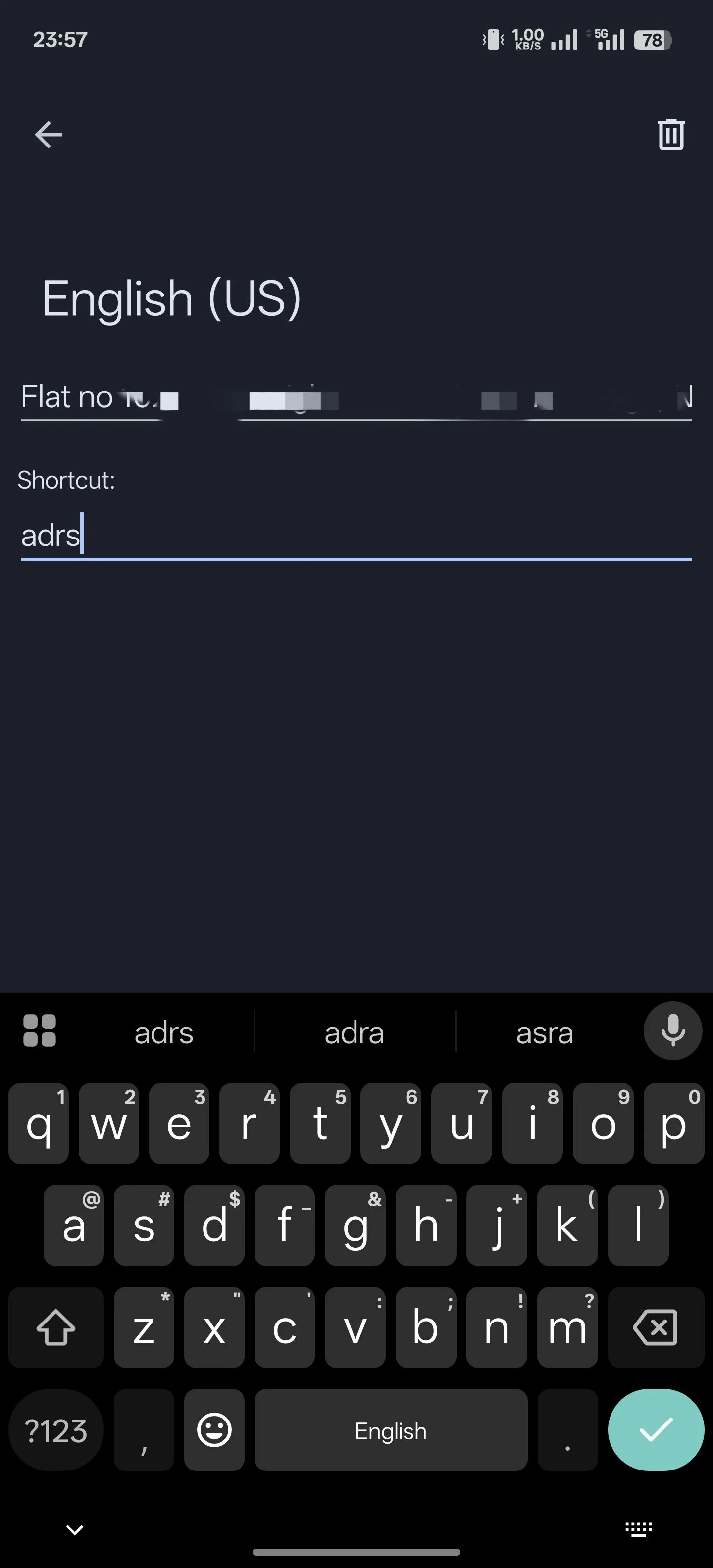 Giao diện Gboard thiết lập phím tắt văn bản mới với trường 'Type a word' và 'Optional shortcut'.