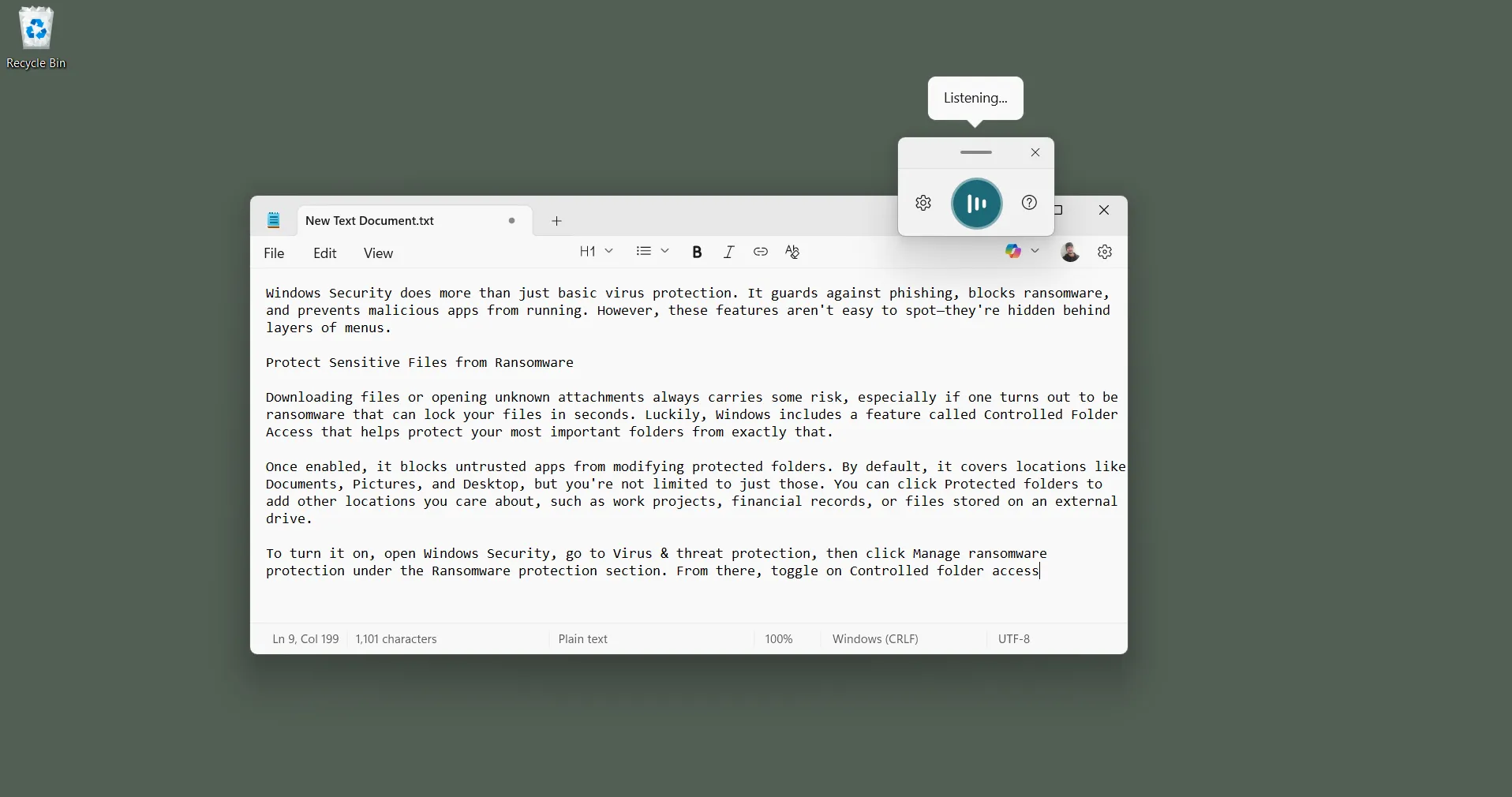 Giao diện gõ giọng nói Voice Typing xuất hiện khi viết tài liệu trên Windows