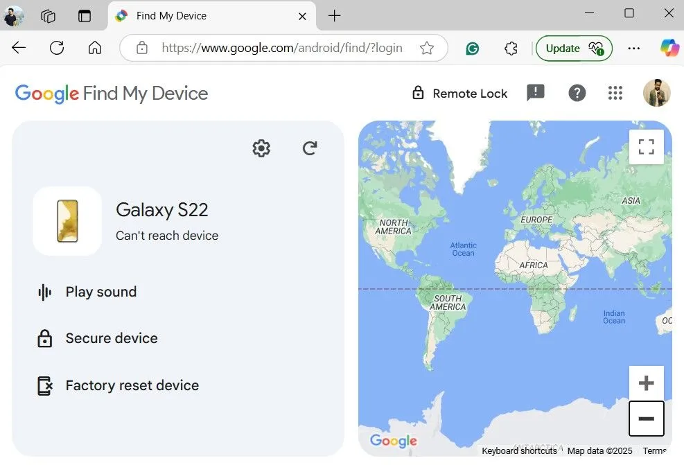 Giao diện Google Tìm thiết bị với thông báo không thể kết nối, minh họa khó khăn khi tìm điện thoại Samsung bị mất không có mạng.