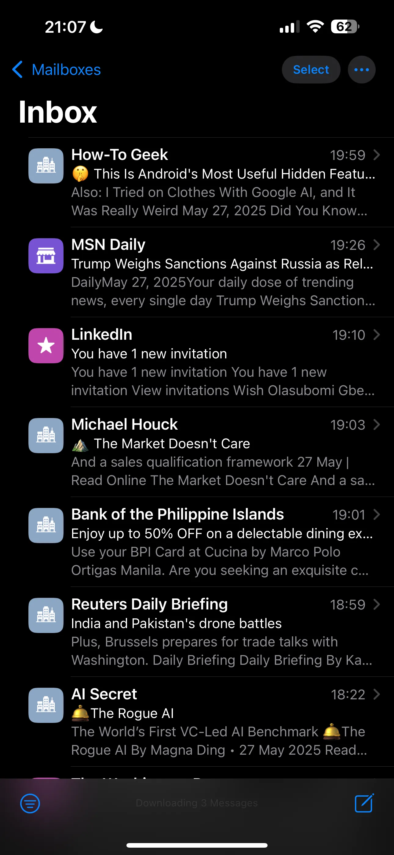 Giao diện hộp thư đến ứng dụng Mail mặc định của Apple