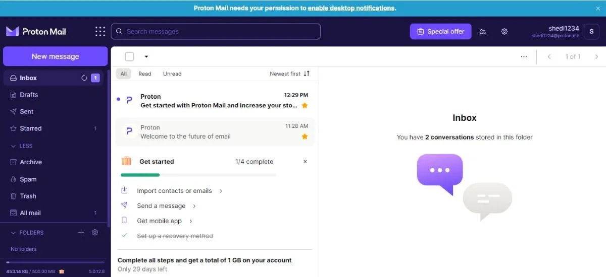 Giao diện hộp thư Proton Mail với thiết kế hiện đại, sạch sẽ