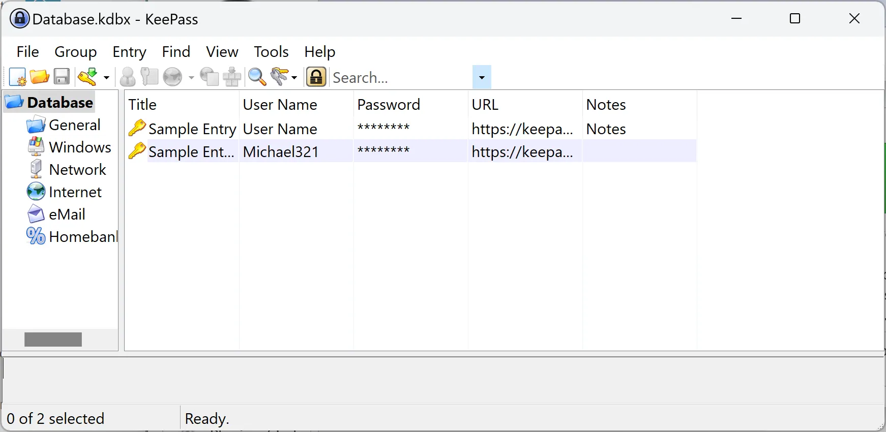 Giao diện KeePass với các mục mật khẩu mẫu và tùy chọn lưu trữ