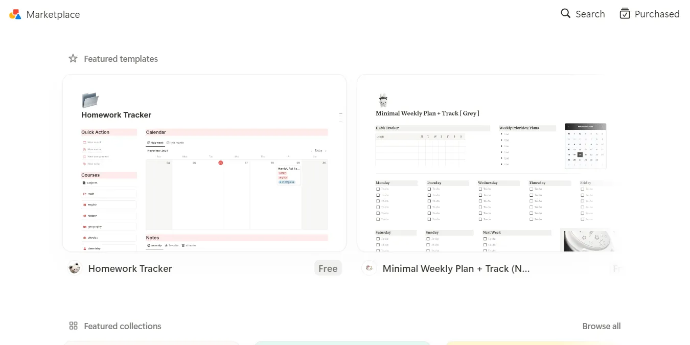Giao diện kho mẫu (template) của Notion, cung cấp vô số lựa chọn miễn phí cho mọi nhu cầu.