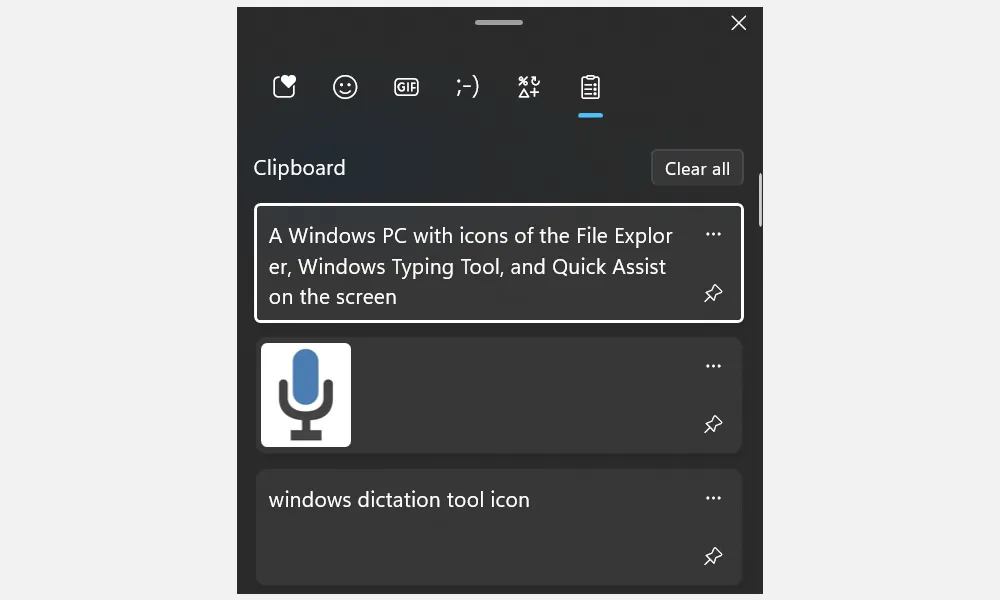 Giao diện Lịch sử Clipboard Windows hiển thị các mục đã sao chép