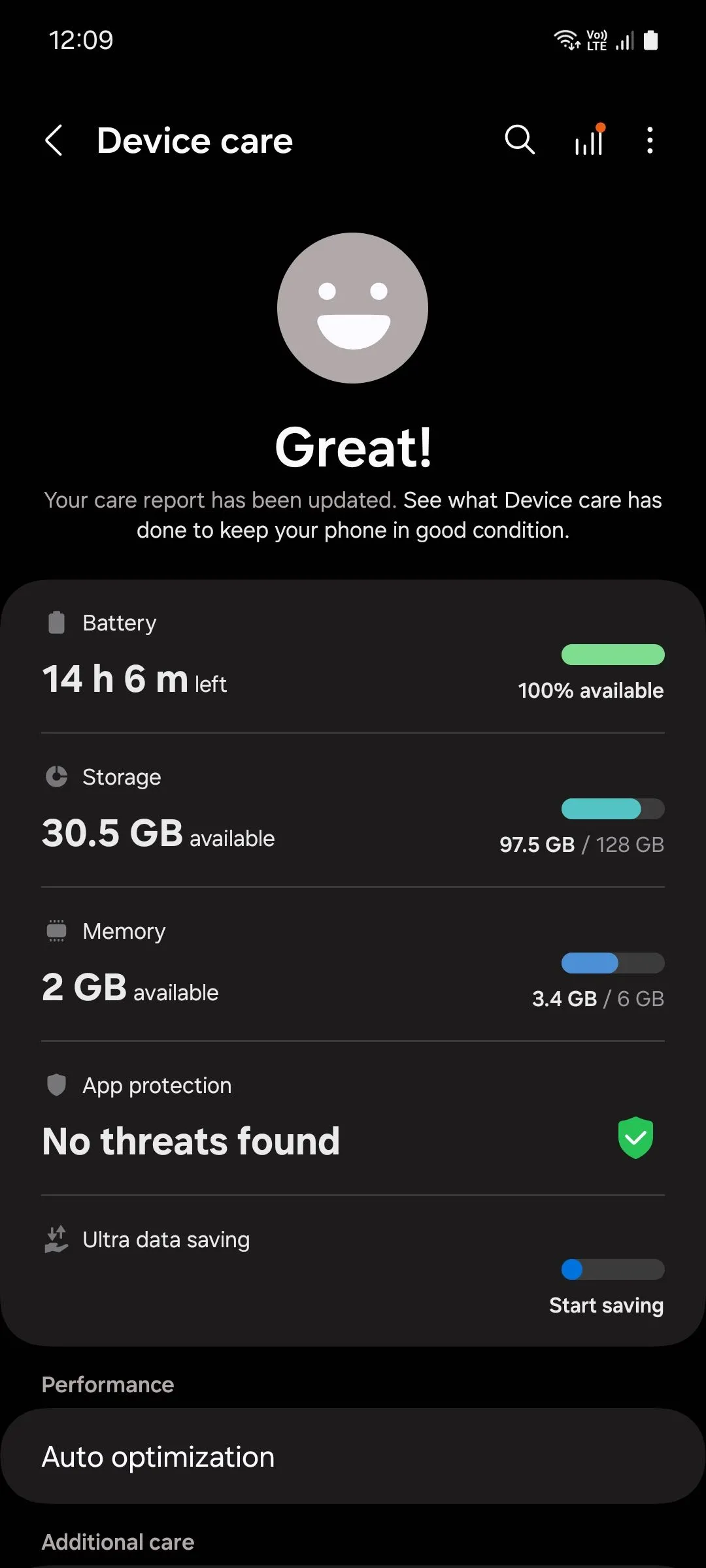 Giao diện menu Chăm sóc thiết bị trên điện thoại Samsung