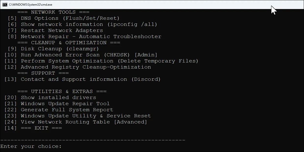 Giao diện menu chính của công cụ Windows Maintenance Tool với các tùy chọn khắc phục sự cố và tối ưu hệ thống.