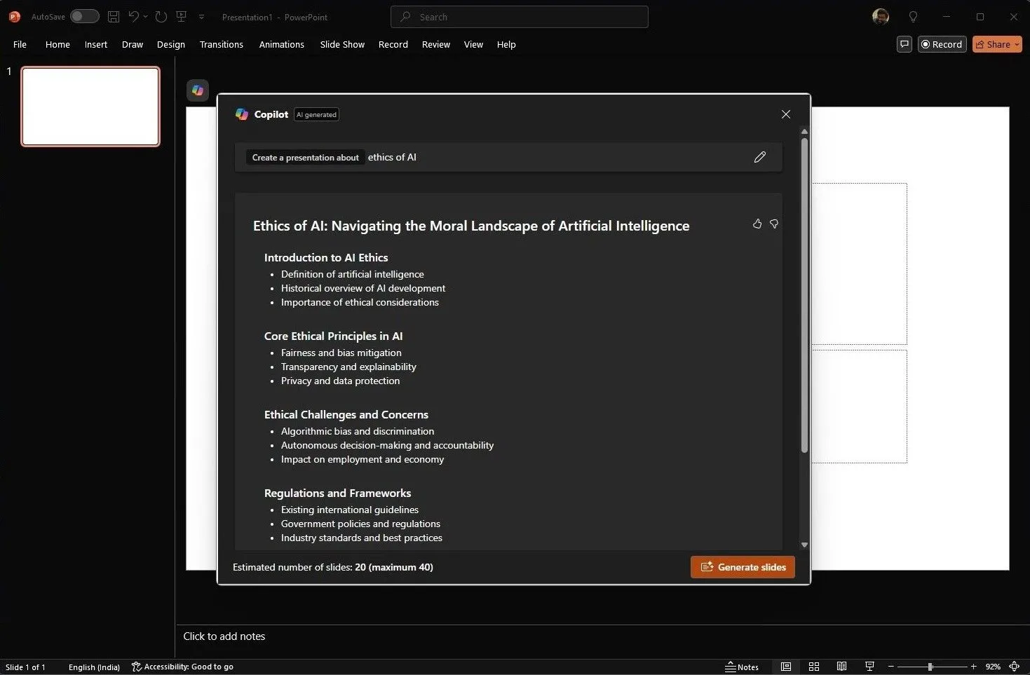 Giao diện Microsoft PowerPoint với Copilot đang tạo bản thuyết trình mới tự động