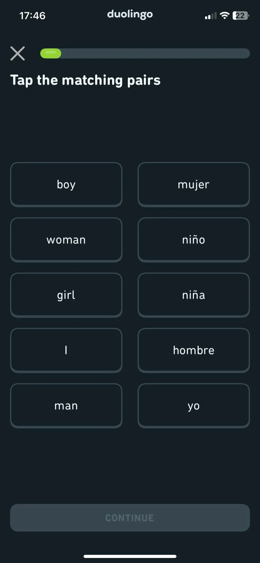 Giao diện một bài học trên Duolingo, giúp du khách tự tin giao tiếp khi du lịch nước ngoài.