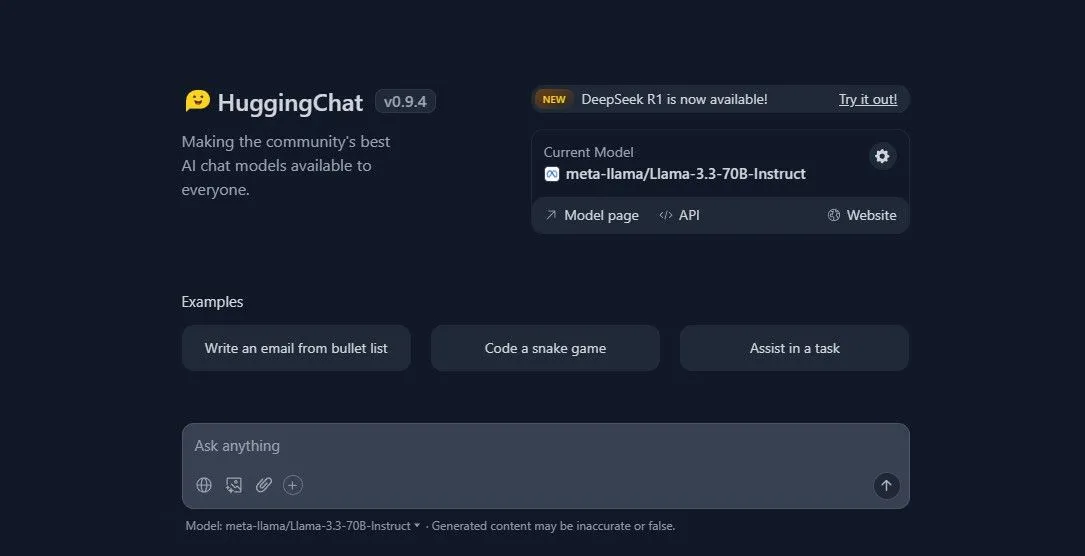 Giao diện người dùng của HuggingChat trên nền tảng HuggingFace