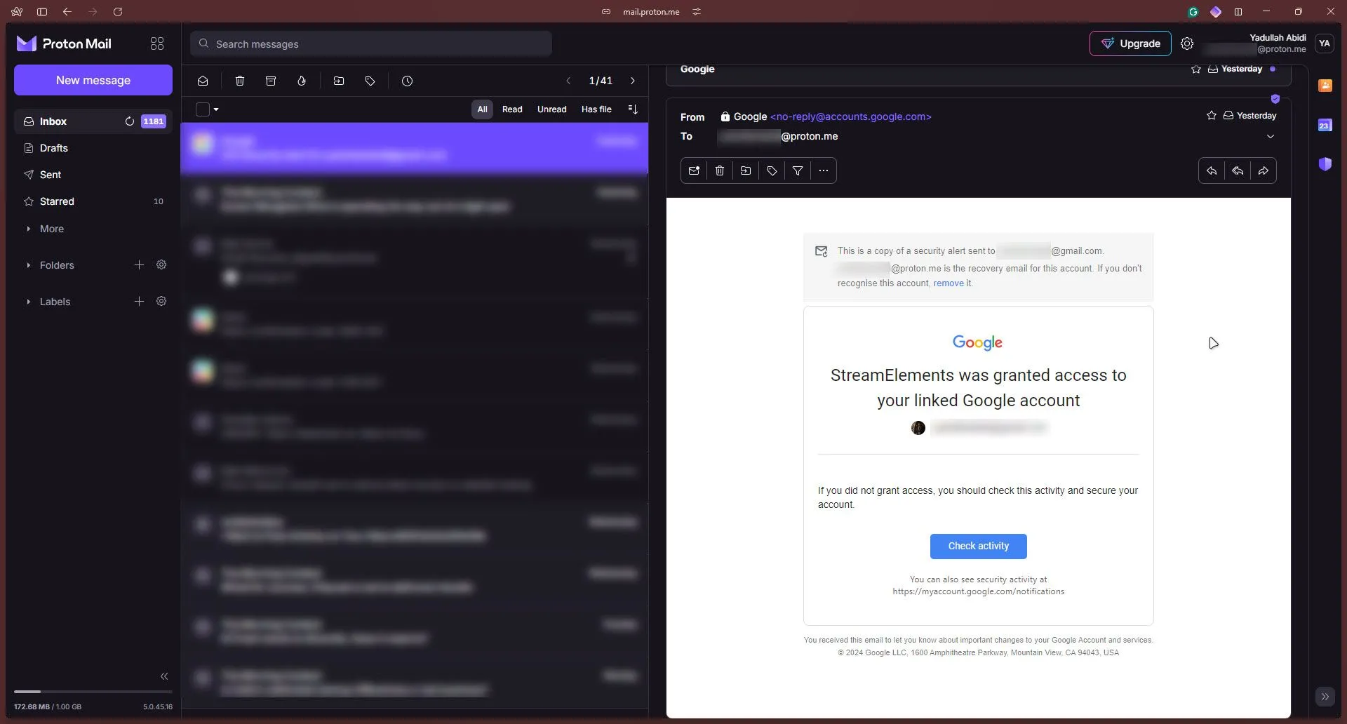 Giao diện người dùng của Proton Mail hiển thị hộp thư đến, minh họa tính năng email mã hóa