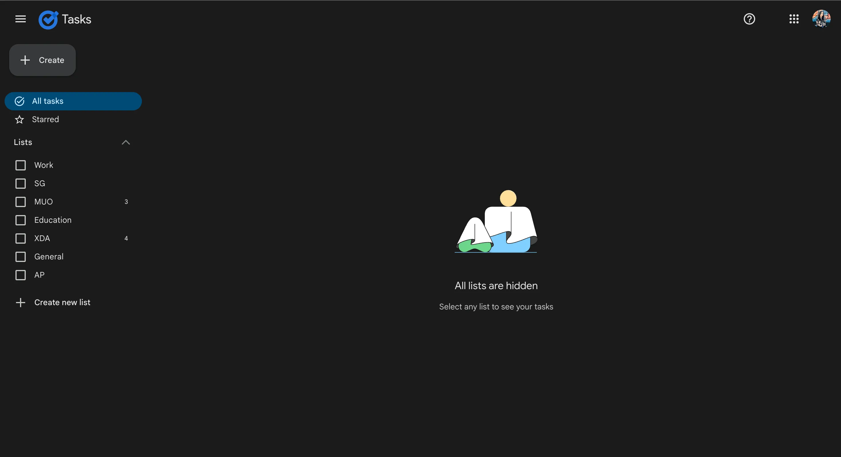 Giao diện người dùng của ứng dụng Google Tasks với thiết kế tối giản và các danh sách việc làm