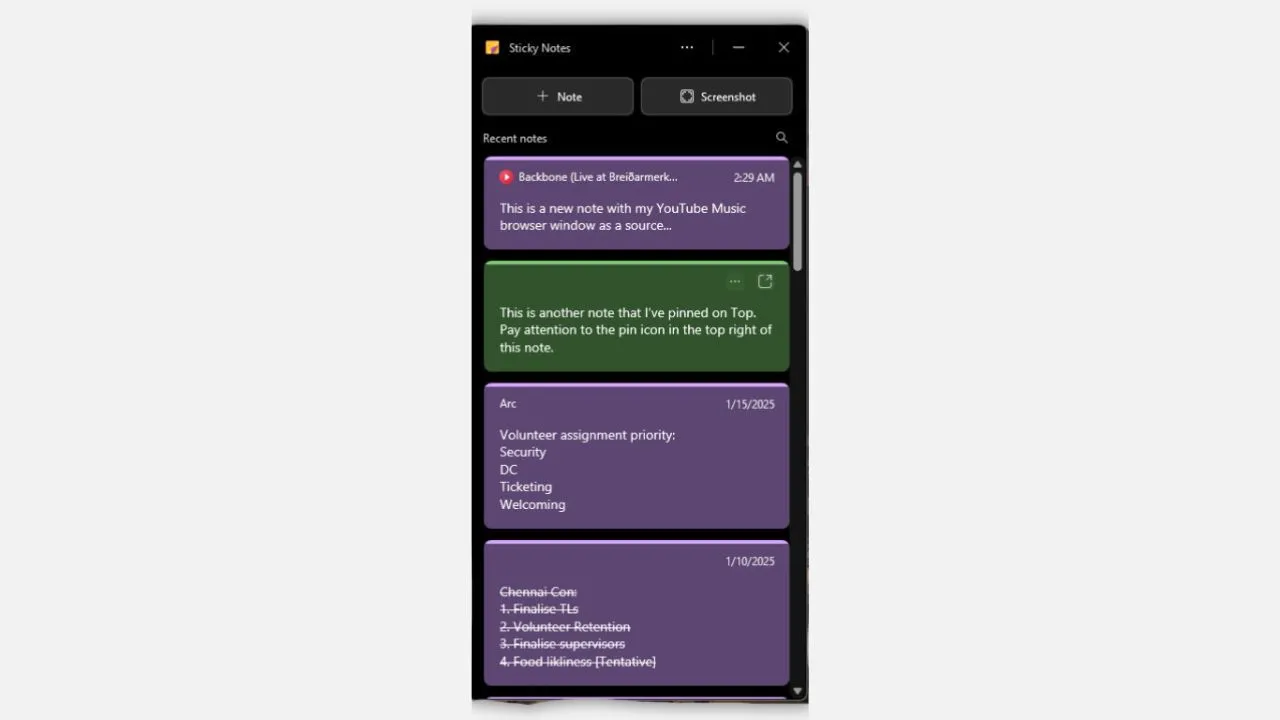 Giao diện người dùng của ứng dụng Sticky Notes mới trên Windows 11 với thiết kế hiện đại