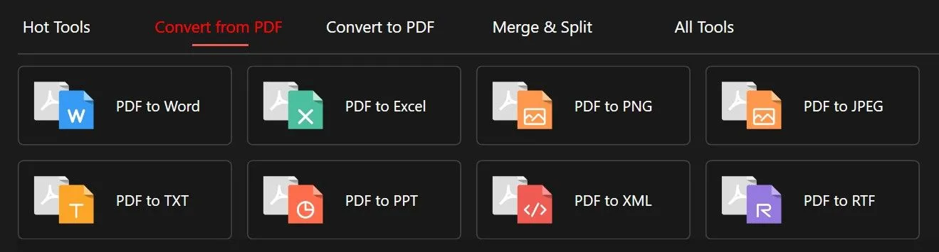 Giao diện PDFGear hiển thị tính năng chuyển đổi tài liệu PDF sang các định dạng khác như Word, Excel, PowerPoint và hình ảnh.