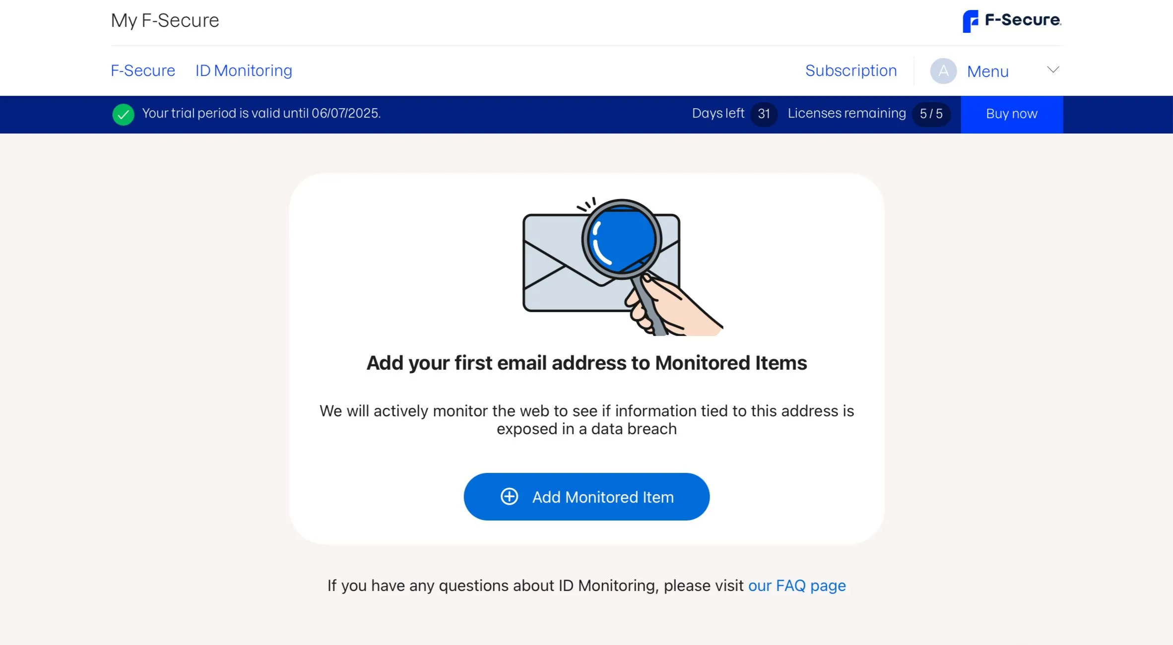 Giao diện phần Giám sát ID của F-Secure ID Protection, nơi thêm các thông tin cá nhân cần theo dõi