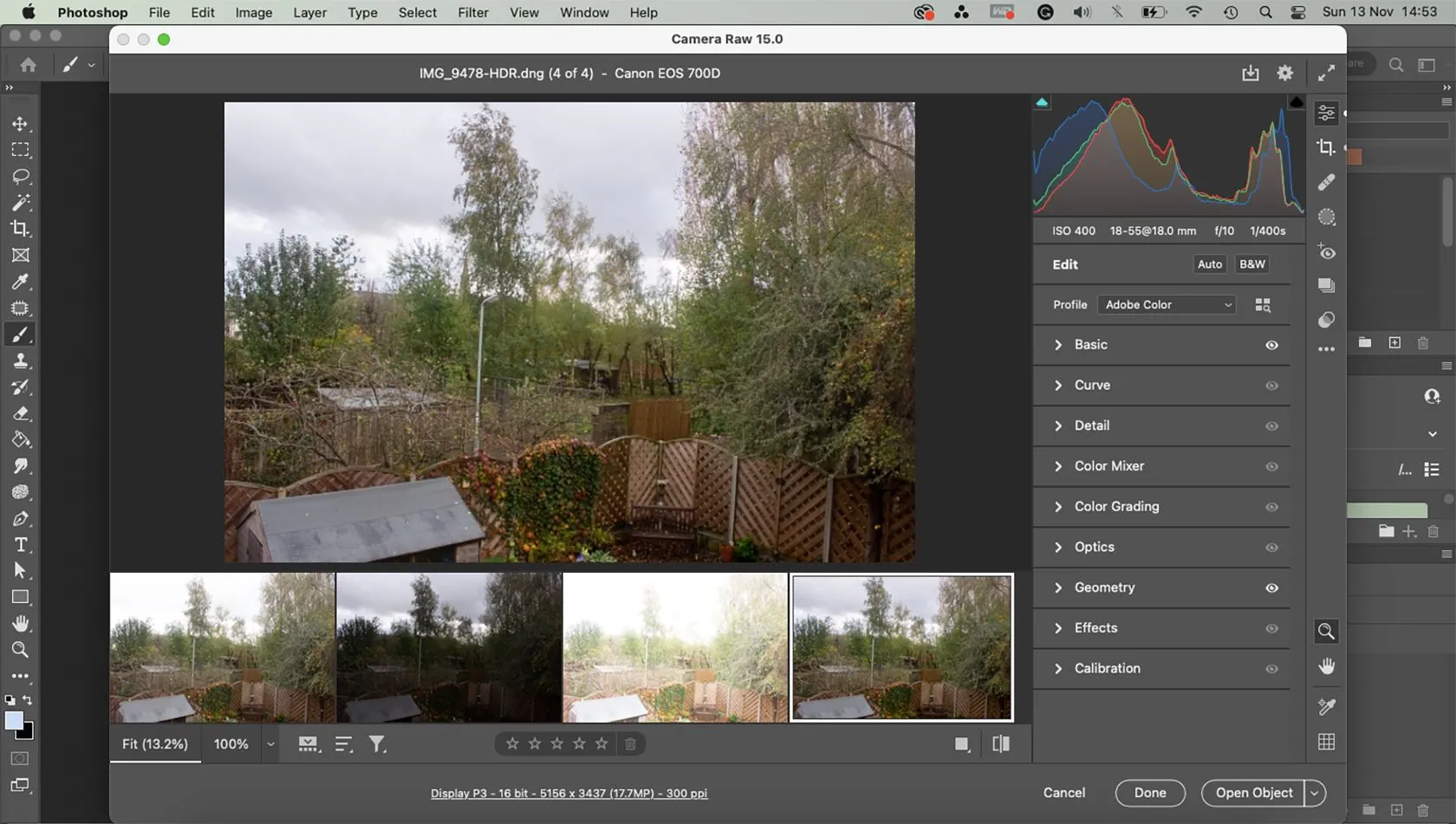 Giao diện plugin Camera Raw của Photoshop mở để chỉnh sửa ảnh RAW, hiển thị các thanh trượt điều chỉnh màu sắc và ánh sáng