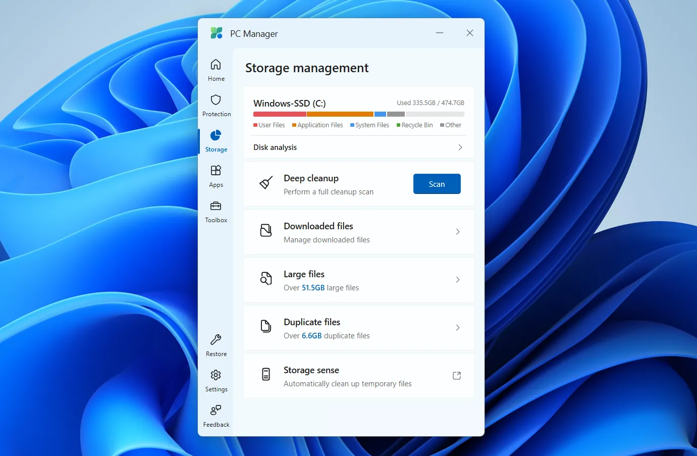 Giao diện quản lý bộ nhớ của Microsoft PC Manager trên Windows, hiển thị các công cụ dọn dẹp và tìm kiếm file trùng lặp