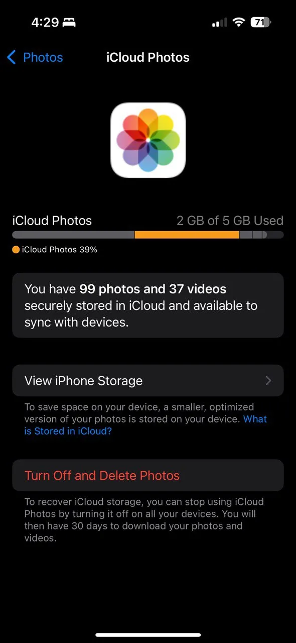 Giao diện quản lý dung lượng iCloud Photos hiển thị mức sử dụng