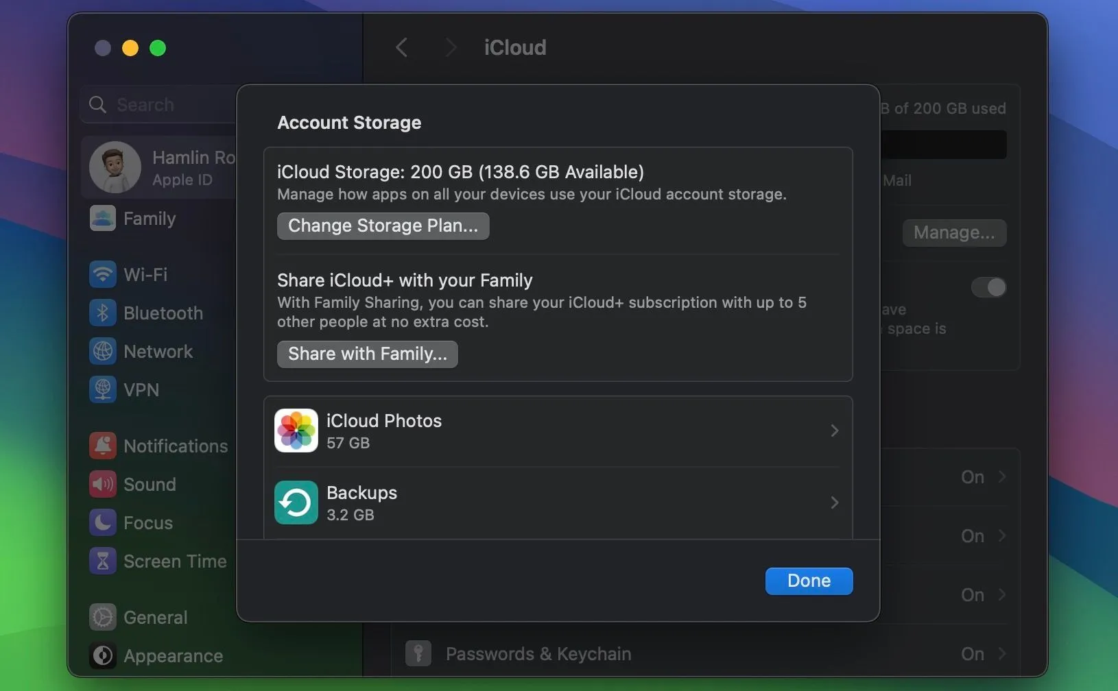 Giao diện quản lý dung lượng tài khoản iCloud trên macOS hiển thị các mục chiếm dung lượng như ảnh, tin nhắn và dữ liệu ứng dụng.