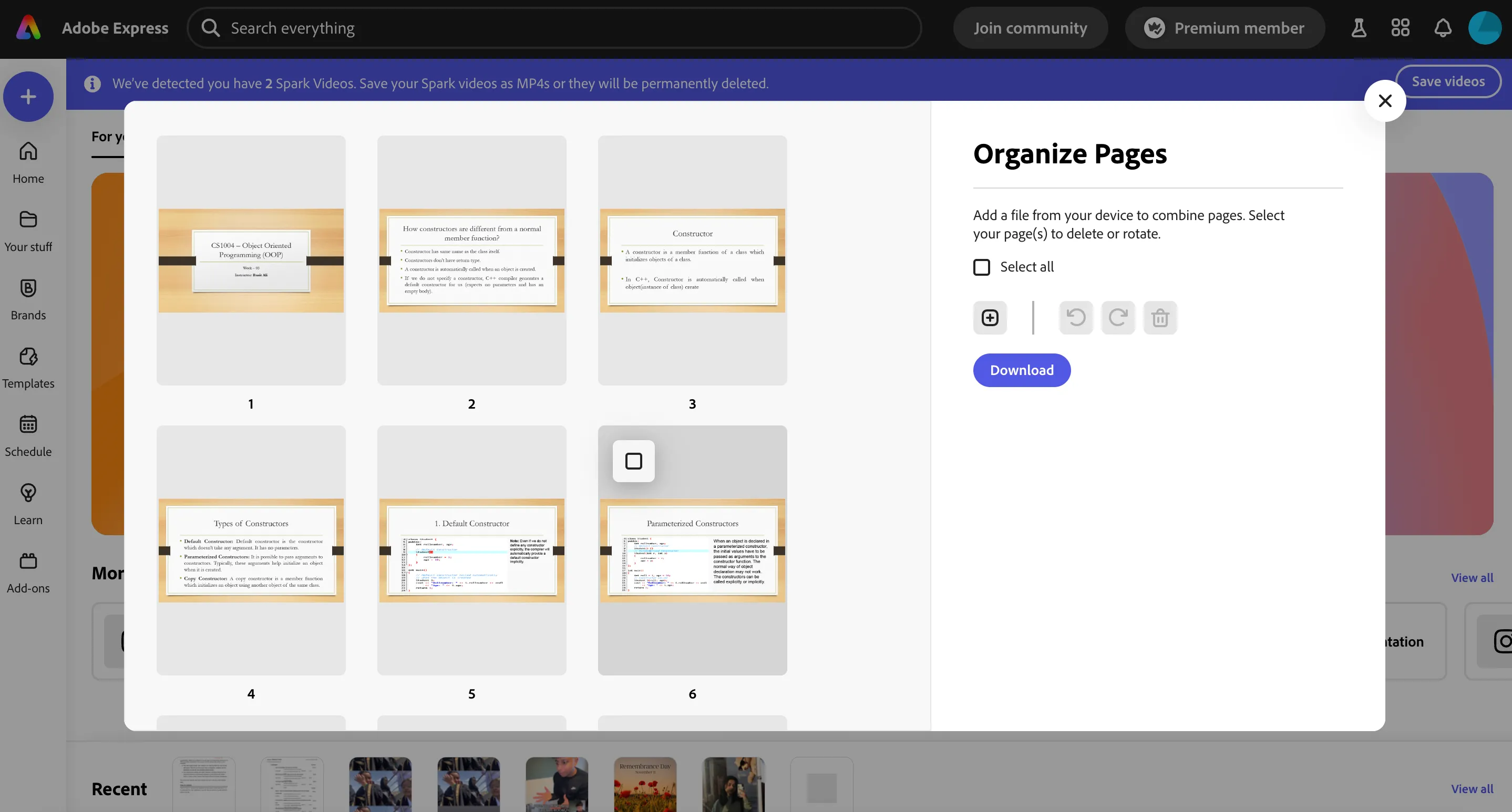 Giao diện Sắp xếp trang (Organize Pages) trong Adobe Express giúp quản lý cấu trúc file PDF.