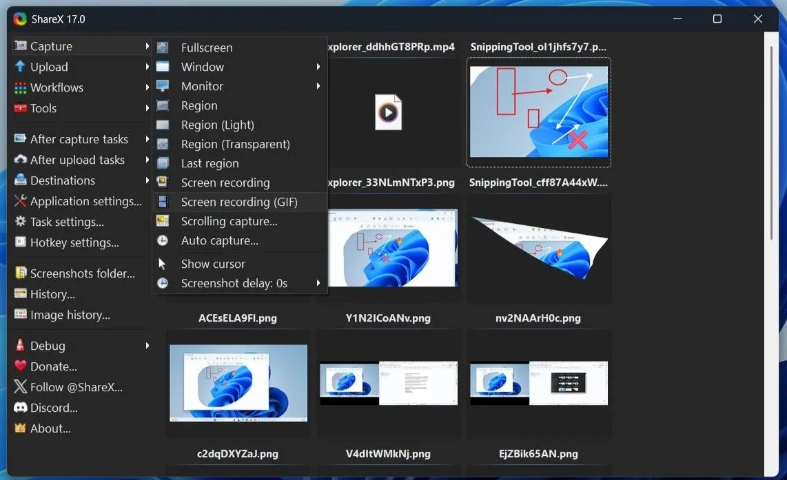 Giao diện ShareX với các tùy chọn chụp màn hình đa dạng trên Windows