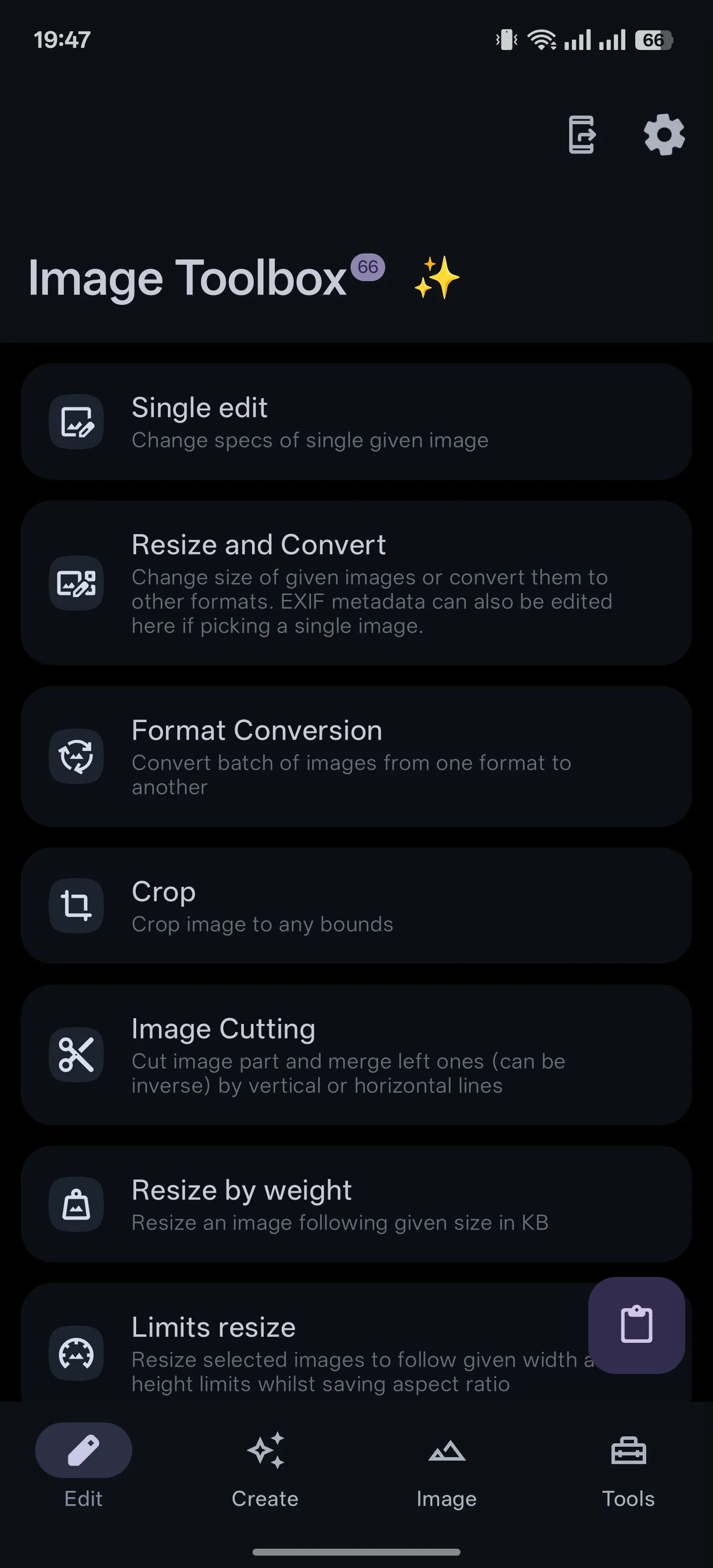 Giao diện tab Chỉnh sửa của ứng dụng Image Toolbox Android với các công cụ xử lý hình ảnh