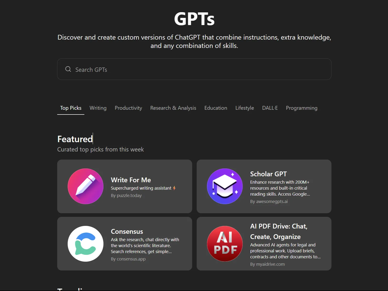 Giao diện tab Custom GPTs hiển thị các GPT tùy chỉnh nổi bật trong ứng dụng web ChatGPT, minh họa sự đa dạng của GPT Store.