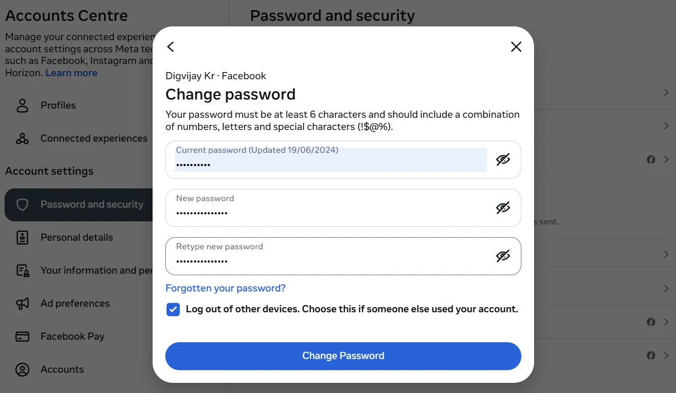 Giao diện thay đổi mật khẩu Facebook, hướng dẫn tạo mật khẩu mạnh để bảo vệ tài khoản mạng xã hội