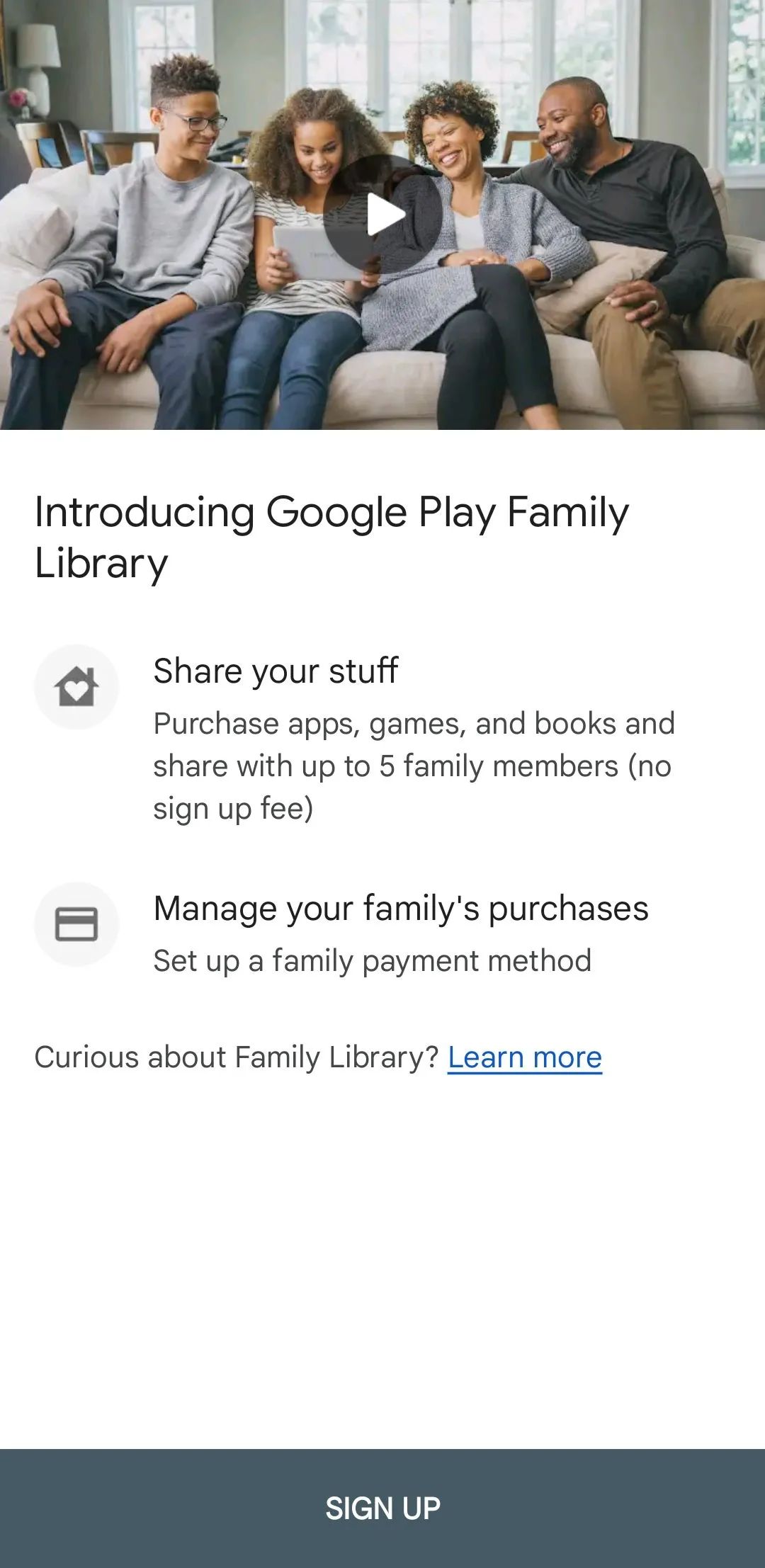 Giao diện thiết lập Thư viện Gia đình trên Google Play Store, hướng dẫn người dùng tạo nhóm và chia sẻ nội dung đã mua với thành viên.