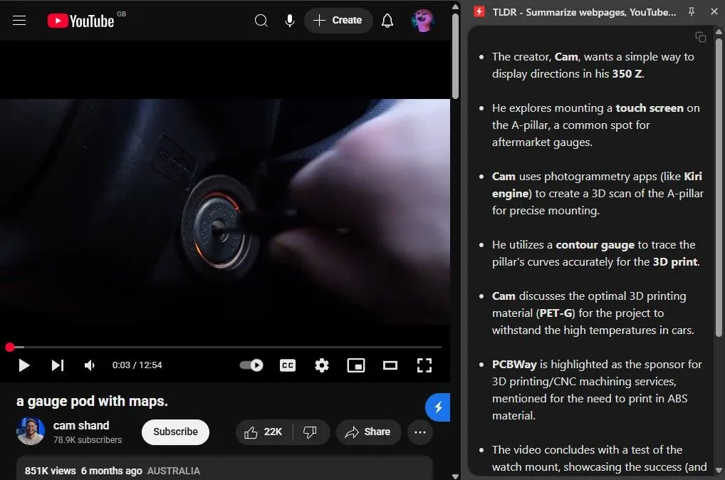 Giao diện tiện ích TLDR tóm tắt video YouTube, hiển thị tóm tắt dạng bullet point về hệ thống định vị xe ô tô tự chế.