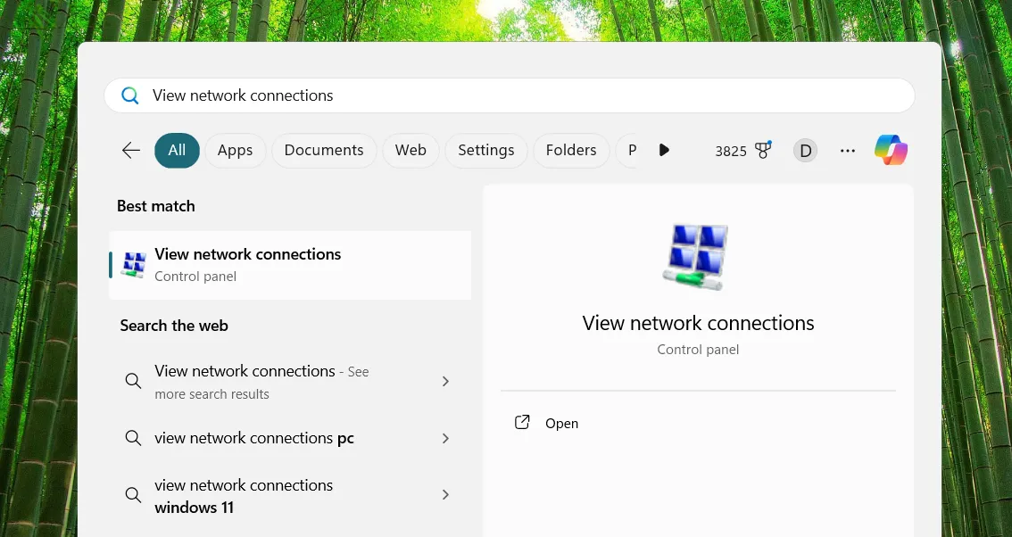 Giao diện tìm kiếm Start Menu hiển thị tùy chọn 'Xem kết nối mạng' để truy cập cài đặt Network Connections