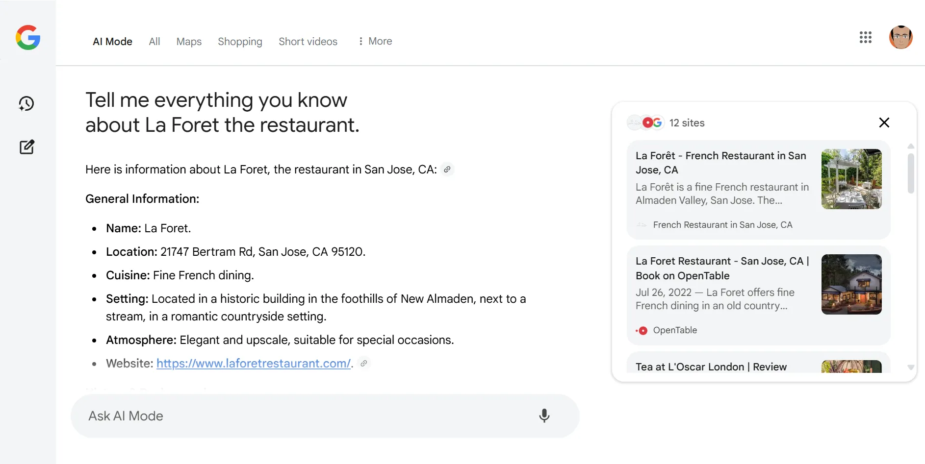 Giao diện tìm kiếm với Google AI Mode hiển thị câu trả lời AI tổng hợp ở trung tâm và các liên kết web liên quan bên phải