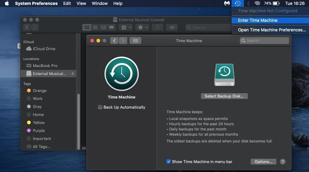 Giao diện Time Machine trên macOS với menu thả xuống, hiển thị công cụ sao lưu hệ thống Mac