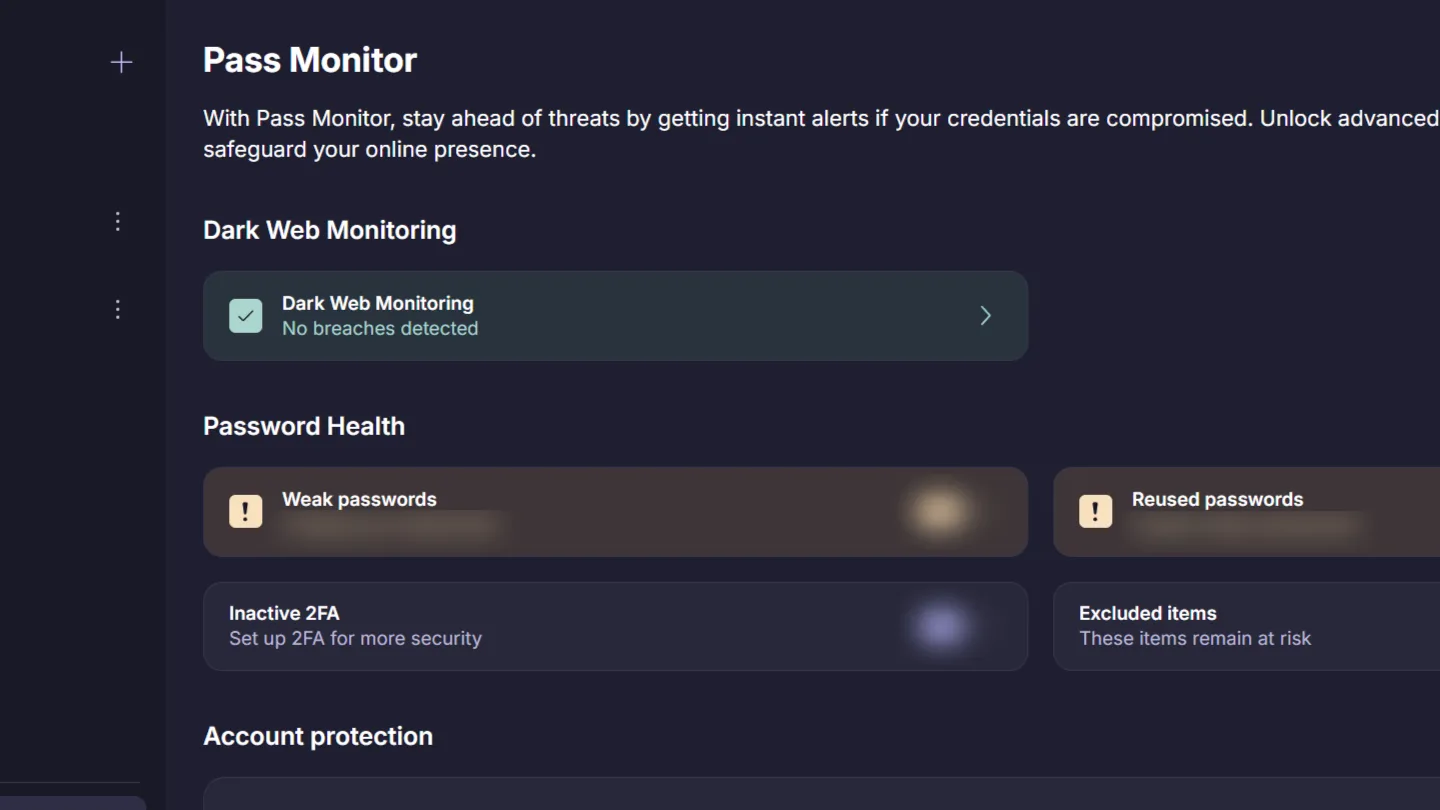 Giao diện tính năng Giám sát Dark Web của Proton Pass cho thấy không có dữ liệu bị rò rỉ.