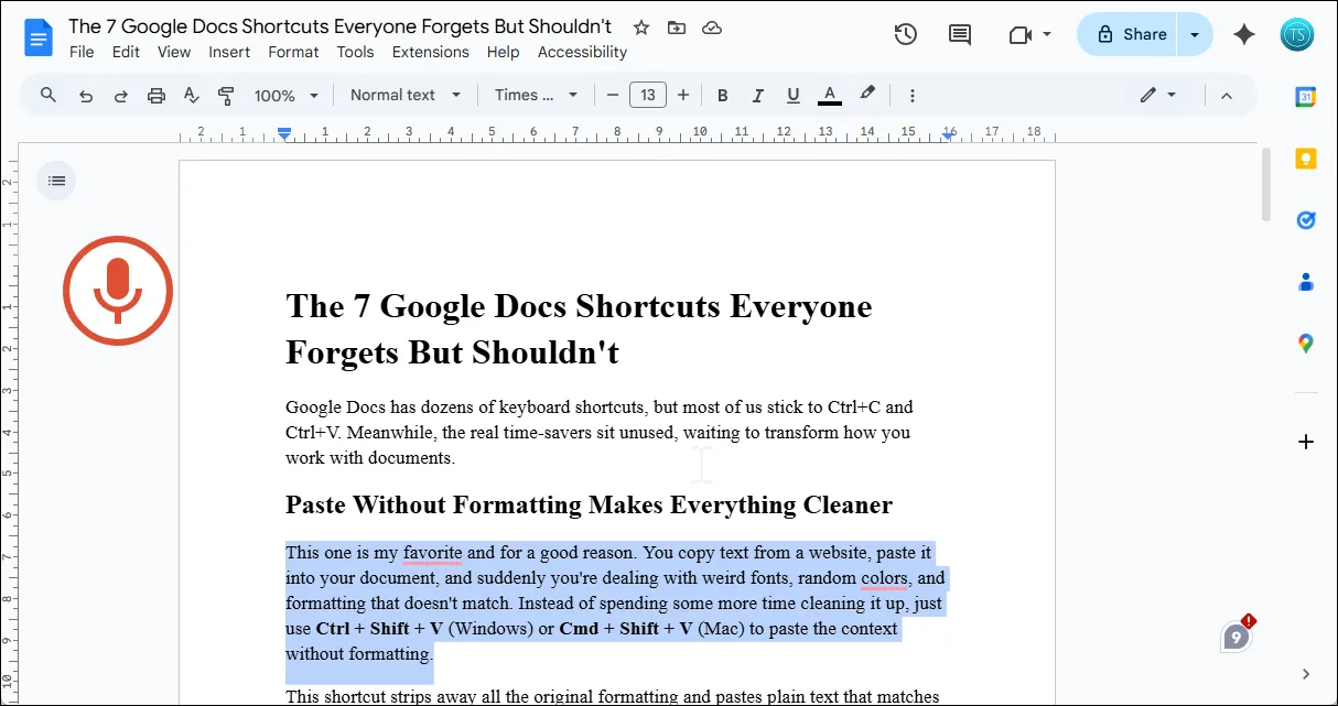 Giao diện tính năng Gõ bằng giọng nói của Google Docs đang hoạt động hiệu quả, hiển thị văn bản được chuyển đổi từ giọng nói một cách chính xác.