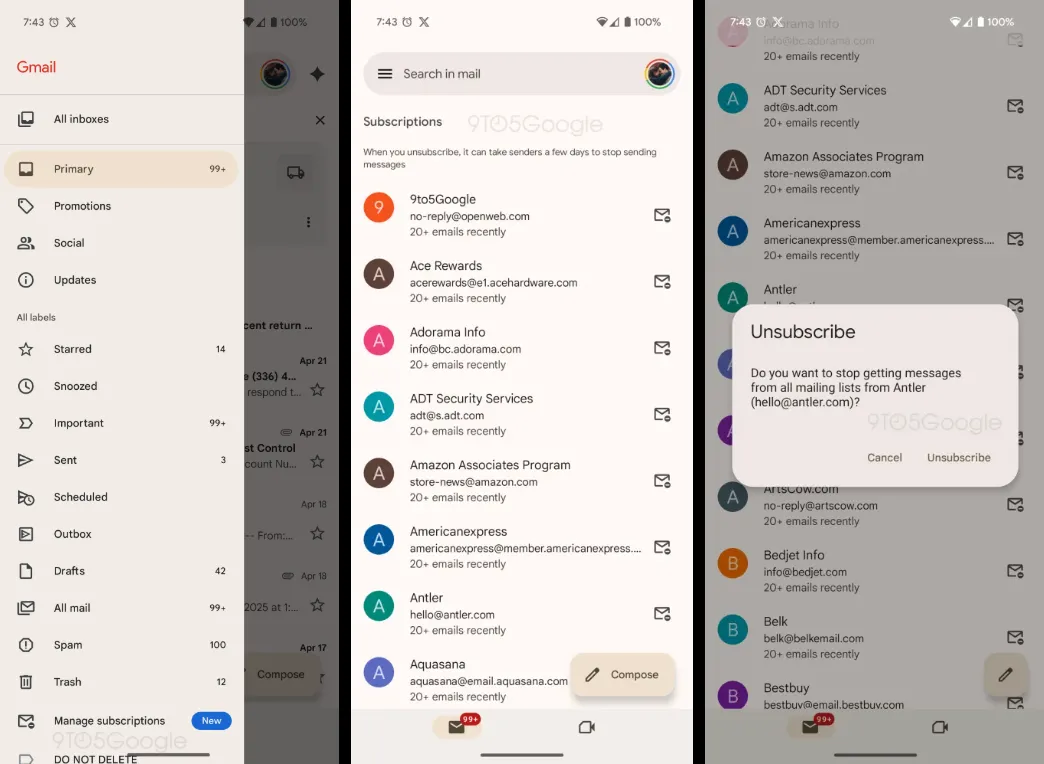 Giao diện tính năng quản lý đăng ký bản tin mới trong ứng dụng Gmail