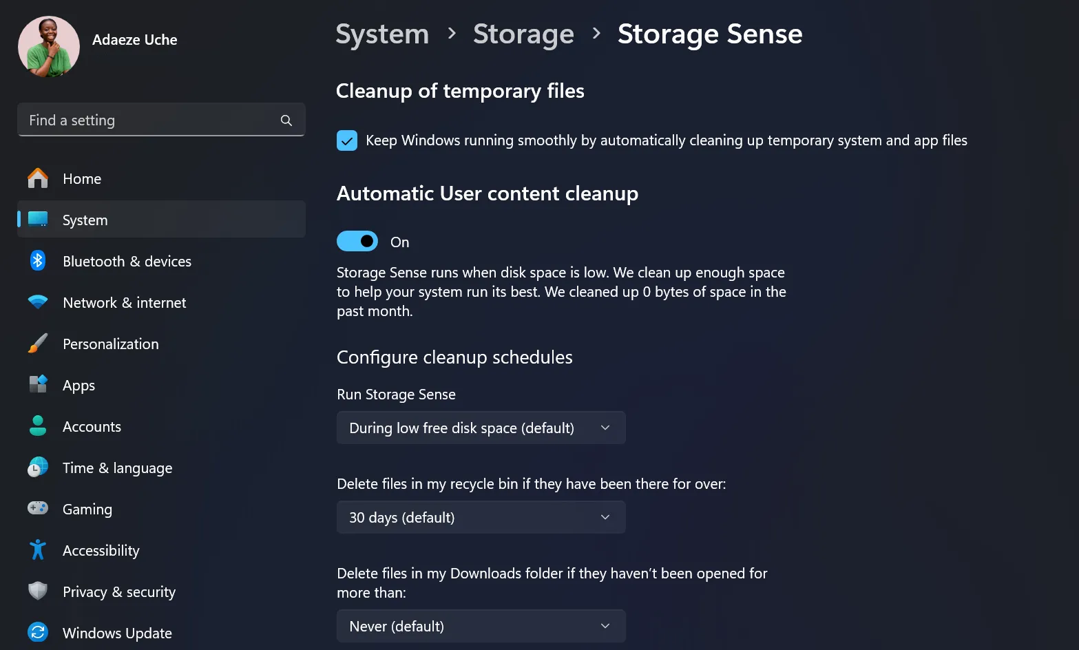 Giao diện tính năng Storage Sense trong Cài đặt Windows giúp quản lý bộ nhớ thông minh