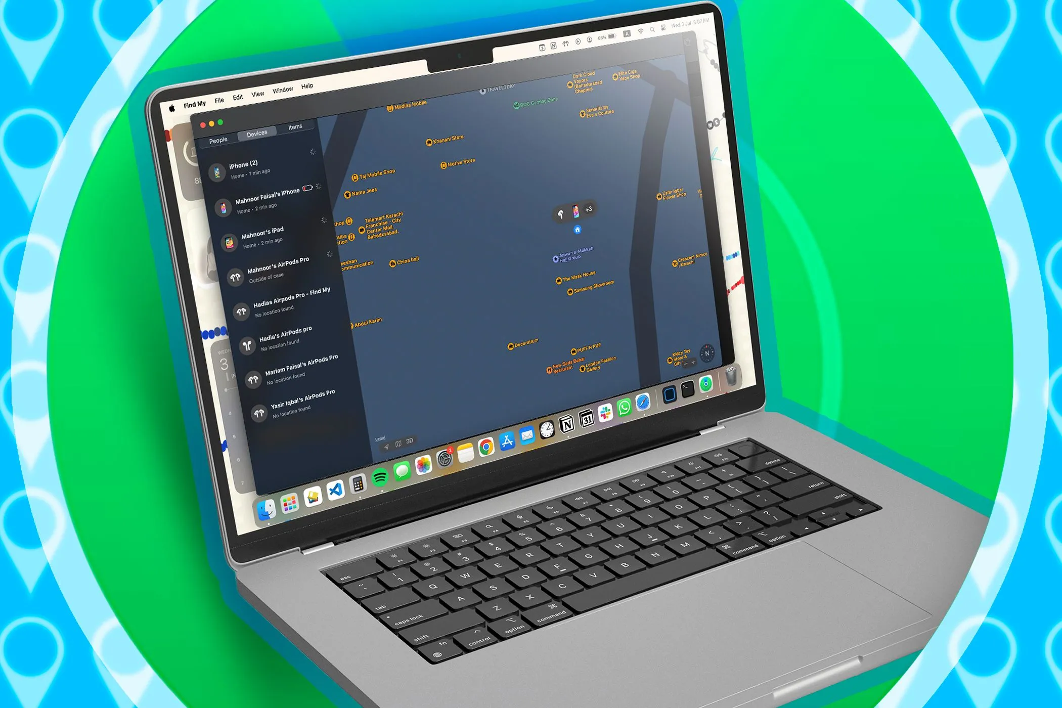 Giao diện tính năng Tìm (Find My) trên MacBook giúp định vị các thiết bị Apple khác.