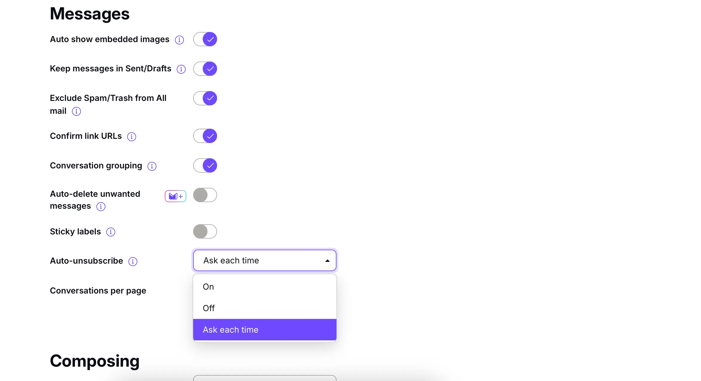 Giao diện tính năng Tự động hủy đăng ký trong ứng dụng Proton Mail