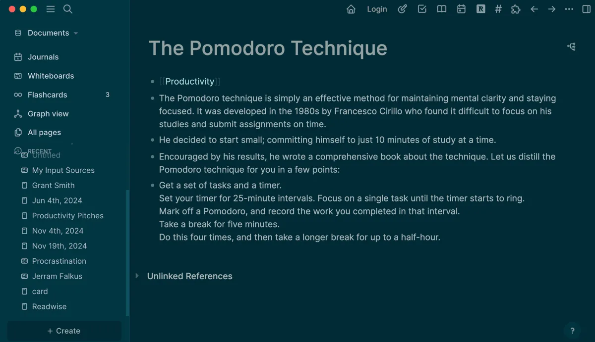 Giao diện trang ghi chú về kỹ thuật Pomodoro trong Logseq, minh họa cách liên kết hai chiều để kết nối các ý tưởng năng suất