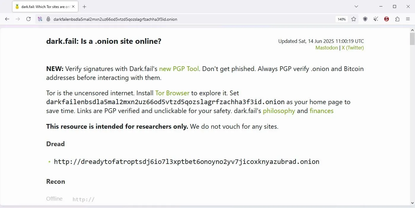 Giao diện trang web Dark Fail trên trình duyệt Tor, minh họa nội dung đa dạng của dark web