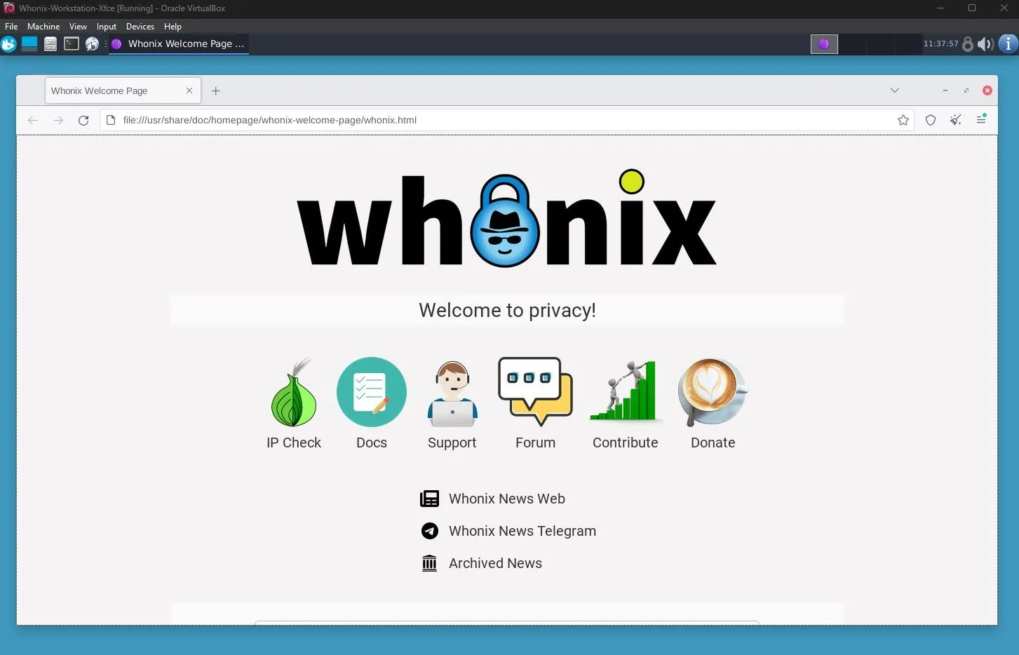Giao diện trình duyệt web mặc định của Whonix, được cấu hình để định tuyến tất cả lưu lượng qua mạng Tor.