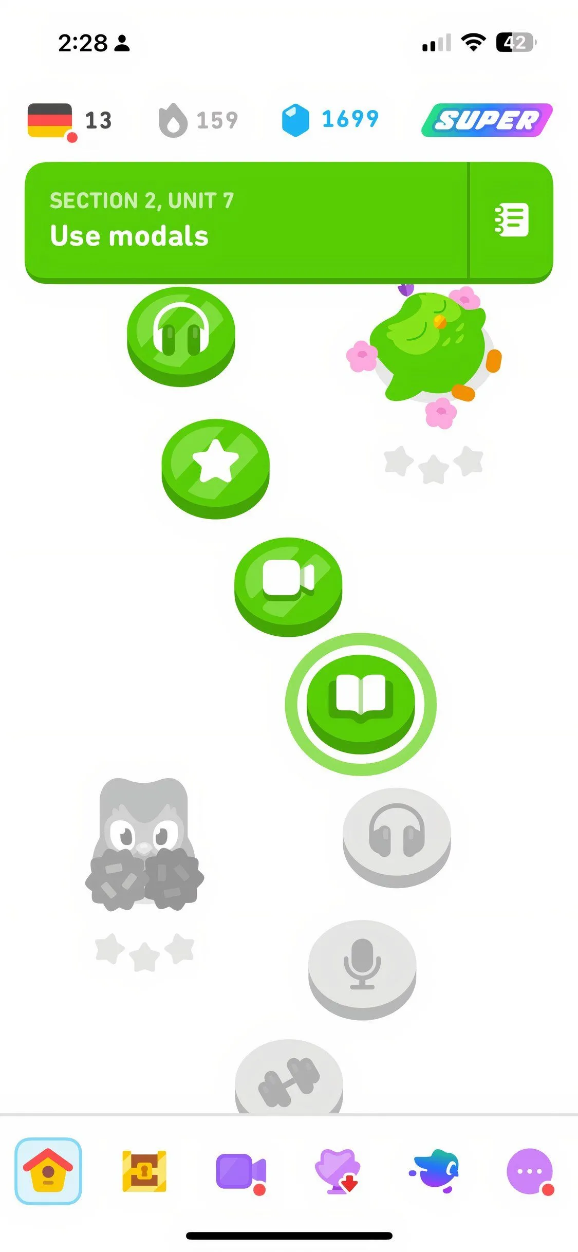 Giao diện trò chơi học ngôn ngữ trên ứng dụng Duolingo với các bài tập tương tác