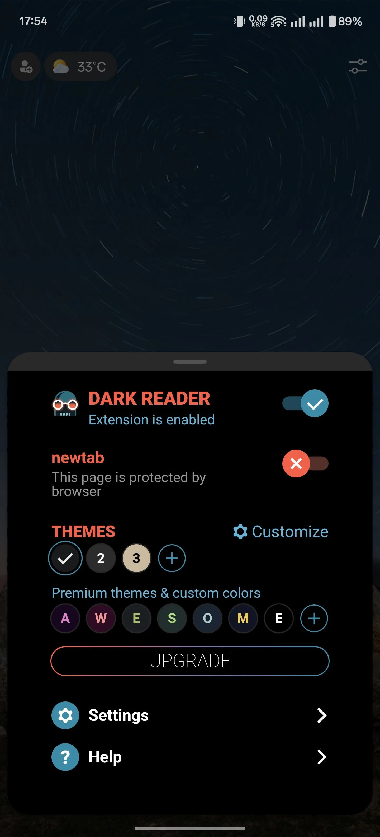 Giao diện tùy chỉnh chi tiết của tiện ích Dark Reader trên Microsoft Edge Android.