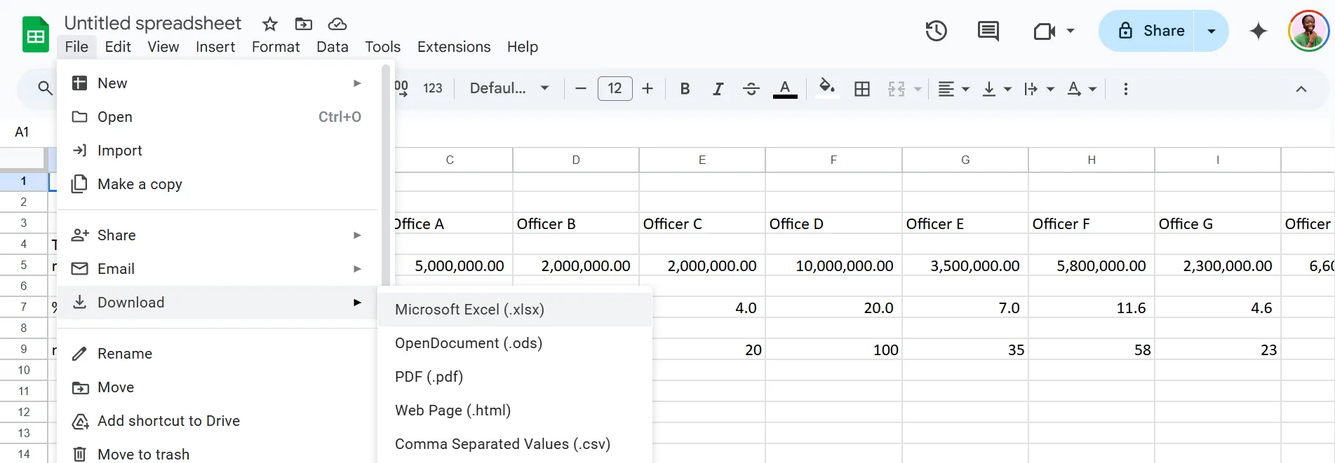 Giao diện tùy chọn tải xuống bảng tính Google Sheets dưới nhiều định dạng file khác nhau