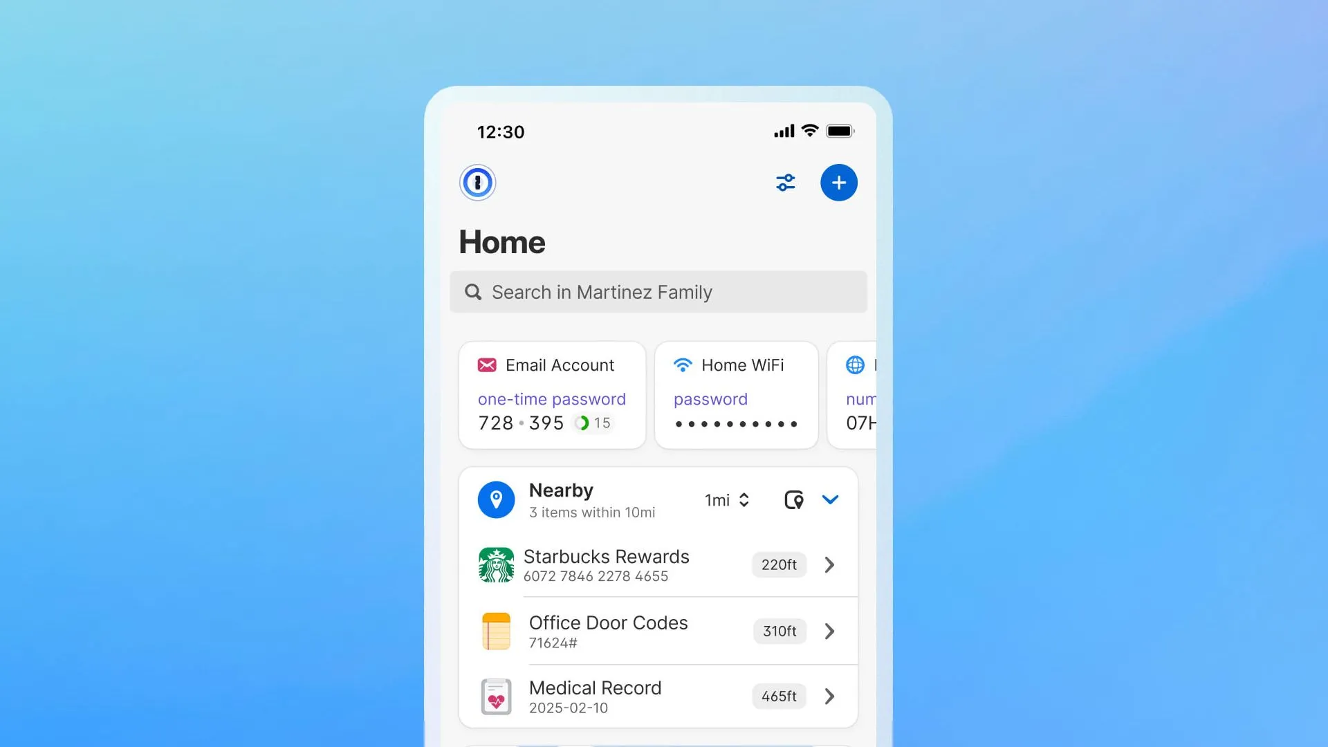 Giao diện ứng dụng 1Password hiển thị các mục dựa trên vị trí, minh họa cách quản lý mật khẩu một cách có tổ chức
