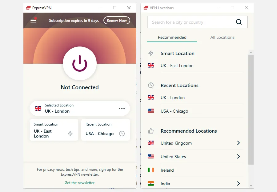 Giao diện ứng dụng ExpressVPN hiển thị menu chính và danh sách các vị trí máy chủ để kết nối VPN.
